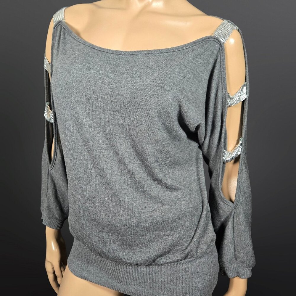 Y2K Gray Silver Chainmail Mesh Sleeve Top Size M Indie Sleaze Going Out Mcbling